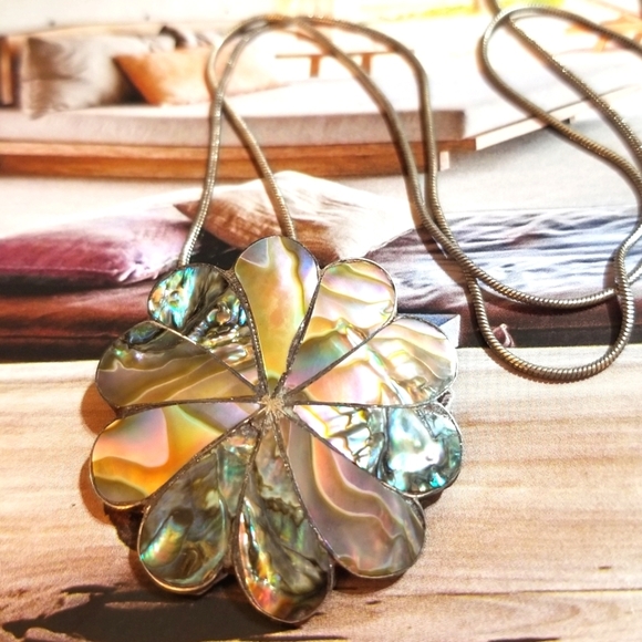 Vintage TAXCO Sterling Abalone Pendant/Brooch Necklace - Picture 2 of 6